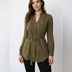 Anthropologie Odille Olive Green Button Front Blouse